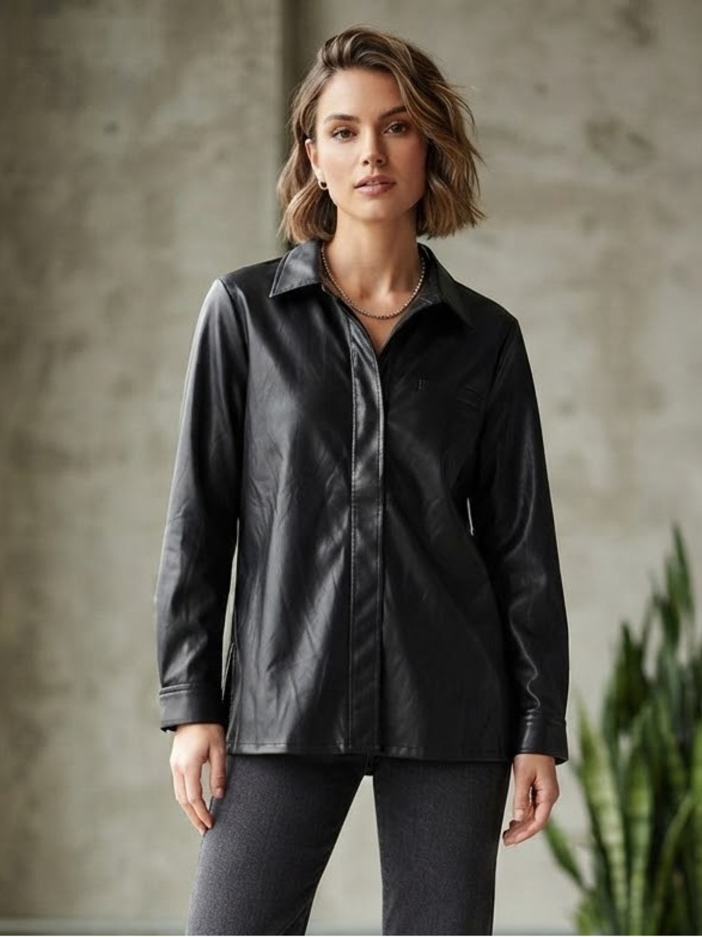 bagatelle Black Faux Leather Button-Front Shirt